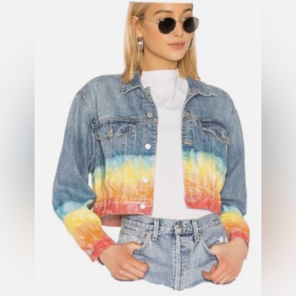 Blank NYC Blow The Bag Cropped Denim Jacket Tie Dye Rainbow Size S